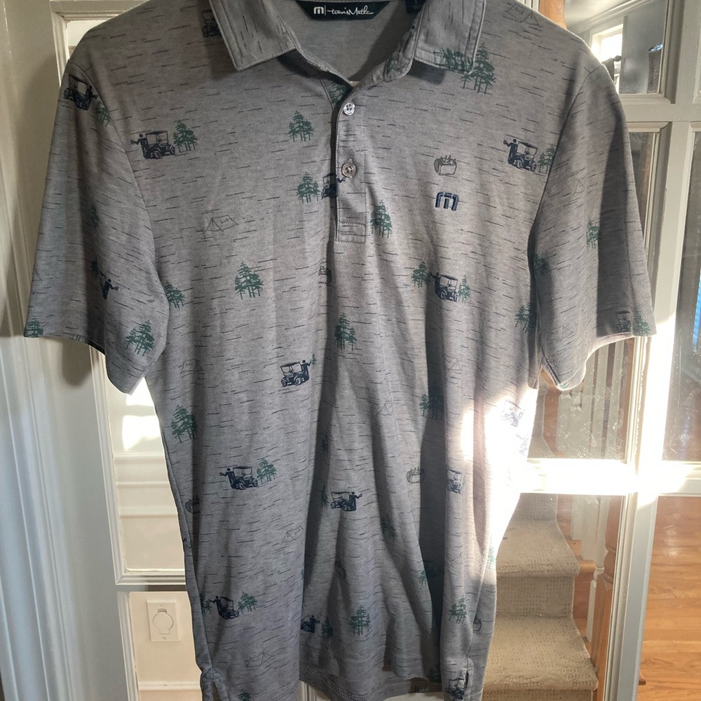 Travis Mathew Patterned Gray Polo with Green Patterns